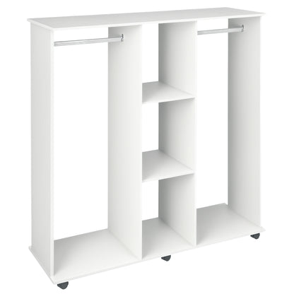 Wardrobe with Wheels Open Wardrobe with Hanging Rail Shelves Organizer for Bedroom Clothing 120x40x128 cm White