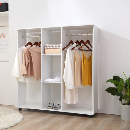 Wardrobe with Wheels Open Wardrobe with Hanging Rail Shelves Organizer for Bedroom Clothing 120x40x128 cm White