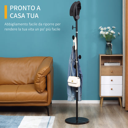Coat Rack Stand with 8 Hooks and Round Base, Freestanding Coat Rack in Steel and Marble, 35x35x170 cm, Black