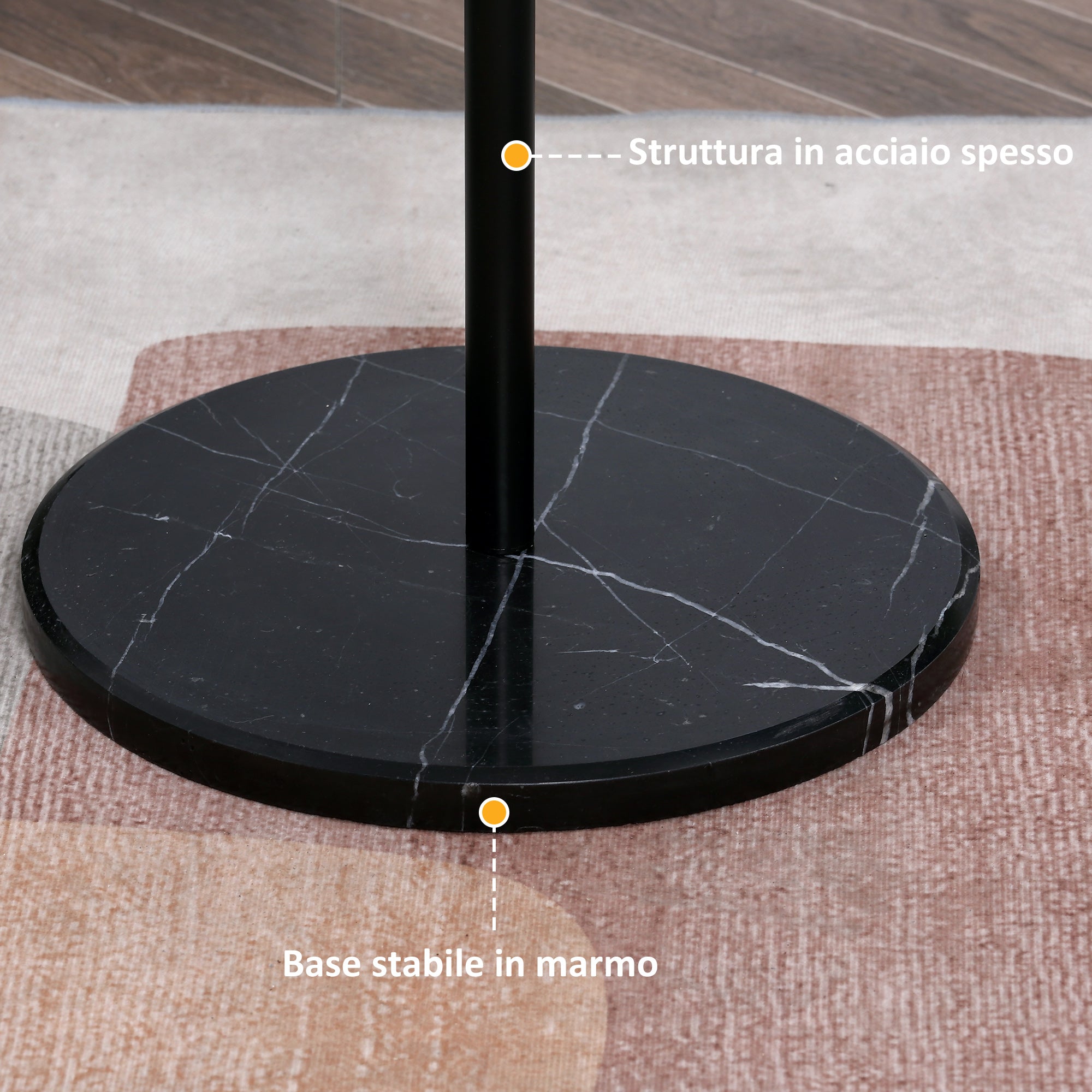 Coat Rack Stand with 8 Hooks and Round Base, Freestanding Coat Rack in Steel and Marble, 35x35x170 cm, Black