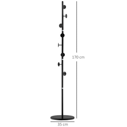 Coat Rack Stand with 8 Hooks and Round Base, Freestanding Coat Rack in Steel and Marble, 35x35x170 cm, Black