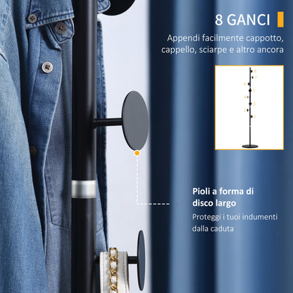 Coat Rack Stand with 8 Hooks and Round Base, Freestanding Coat Rack in Steel and Marble, 35x35x170 cm, Black