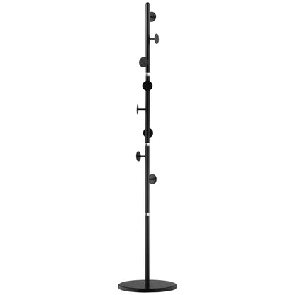 Coat Rack Stand with 8 Hooks and Round Base, Freestanding Coat Rack in Steel and Marble, 35x35x170 cm, Black