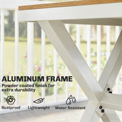 7-Piece Outdoor Dining Set — Rectangular Table with 6 Stackable Chairs, Teak-Effect Synthetic Wood Slats, Aluminum Frame, Space-Saving, Weather-Resistant