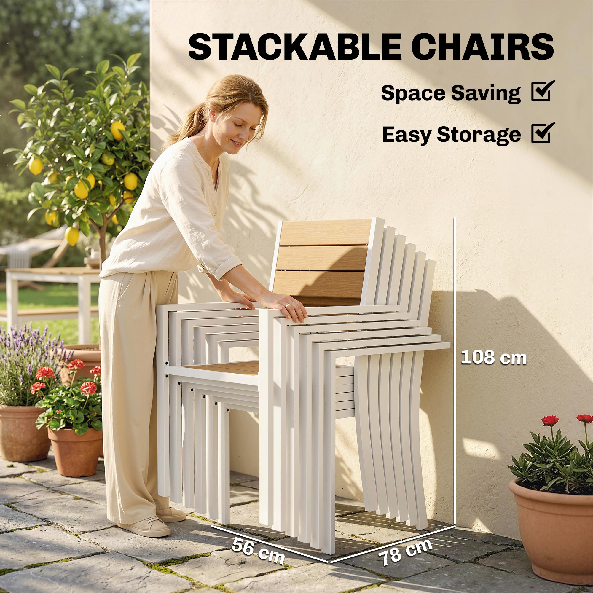 7-Piece Outdoor Dining Set — Rectangular Table with 6 Stackable Chairs, Teak-Effect Synthetic Wood Slats, Aluminum Frame, Space-Saving, Weather-Resistant