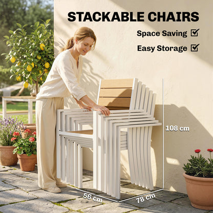 7-Piece Outdoor Dining Set — Rectangular Table with 6 Stackable Chairs, Teak-Effect Synthetic Wood Slats, Aluminum Frame, Space-Saving, Weather-Resistant