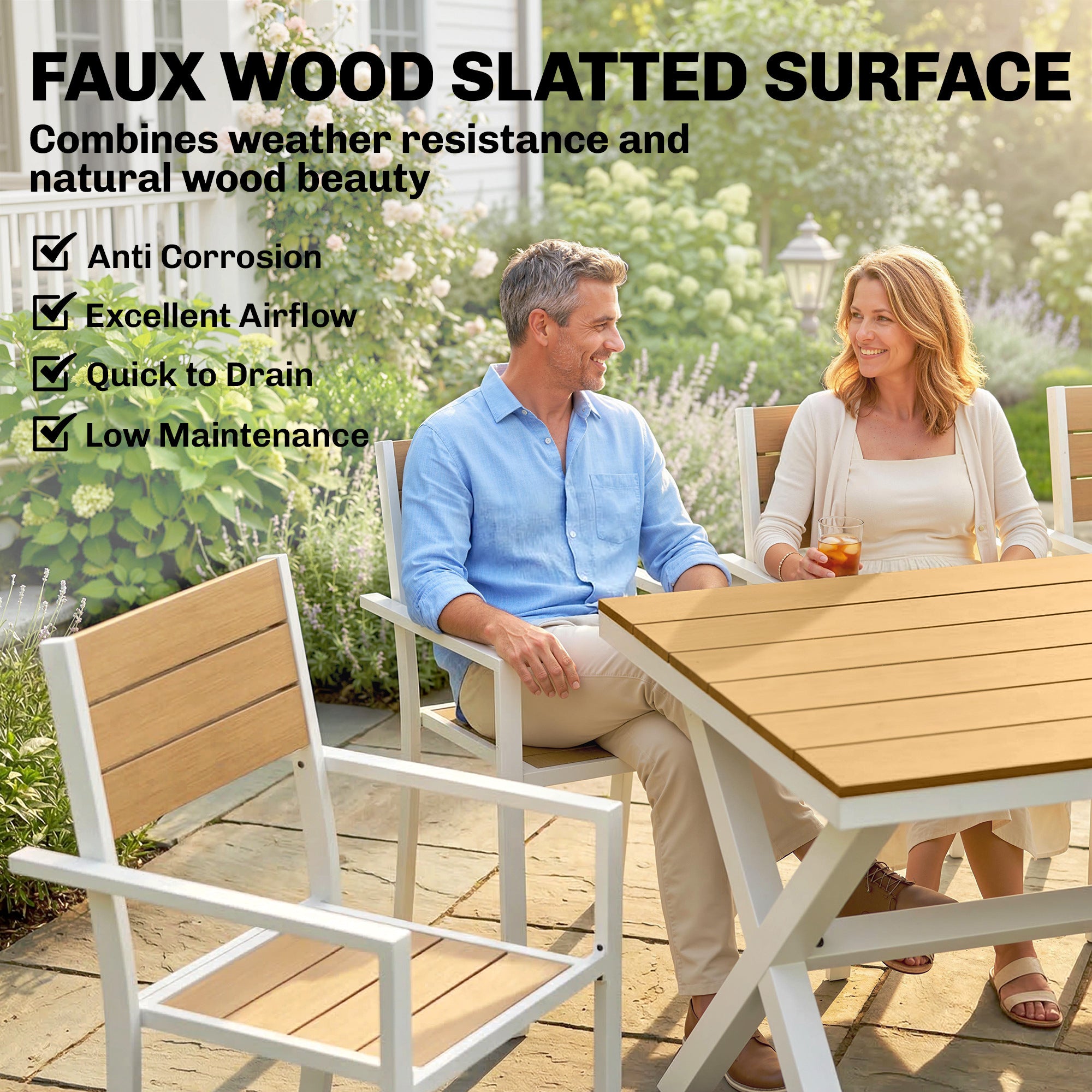 7-Piece Outdoor Dining Set — Rectangular Table with 6 Stackable Chairs, Teak-Effect Synthetic Wood Slats, Aluminum Frame, Space-Saving, Weather-Resistant