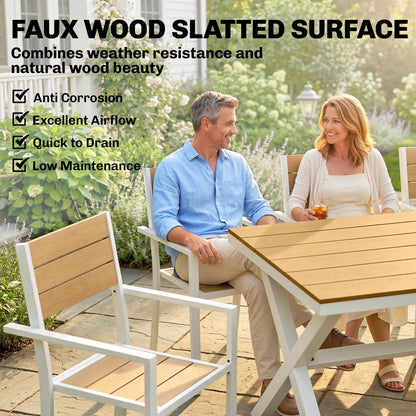 7-Piece Outdoor Dining Set — Rectangular Table with 6 Stackable Chairs, Teak-Effect Synthetic Wood Slats, Aluminum Frame, Space-Saving, Weather-Resistant
