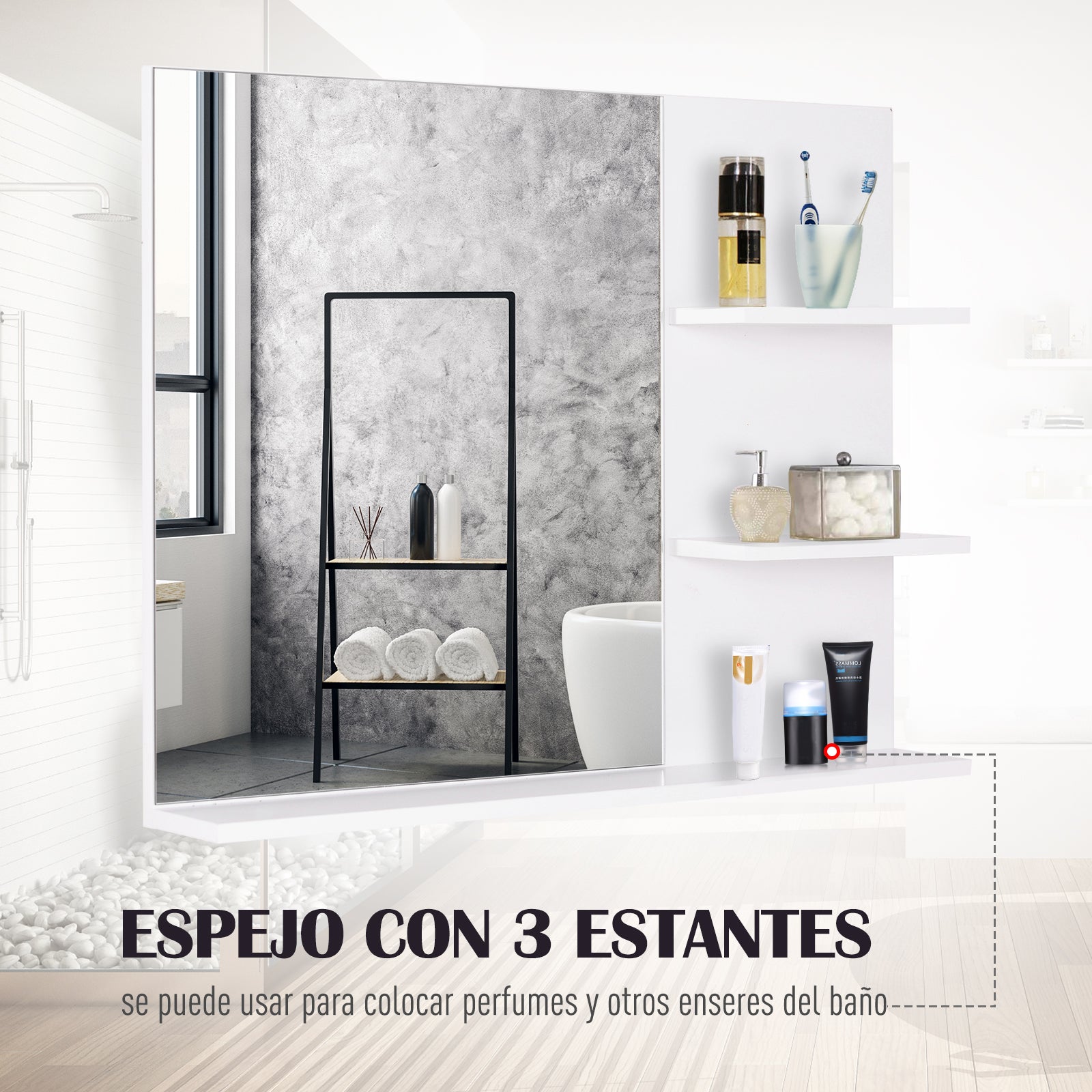 Bathroom Wall Mount Mirror with 3 Built-In Shelves 60x10x48 cm White