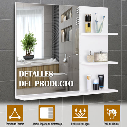Bathroom Wall Mount Mirror with 3 Built-In Shelves 60x10x48 cm White