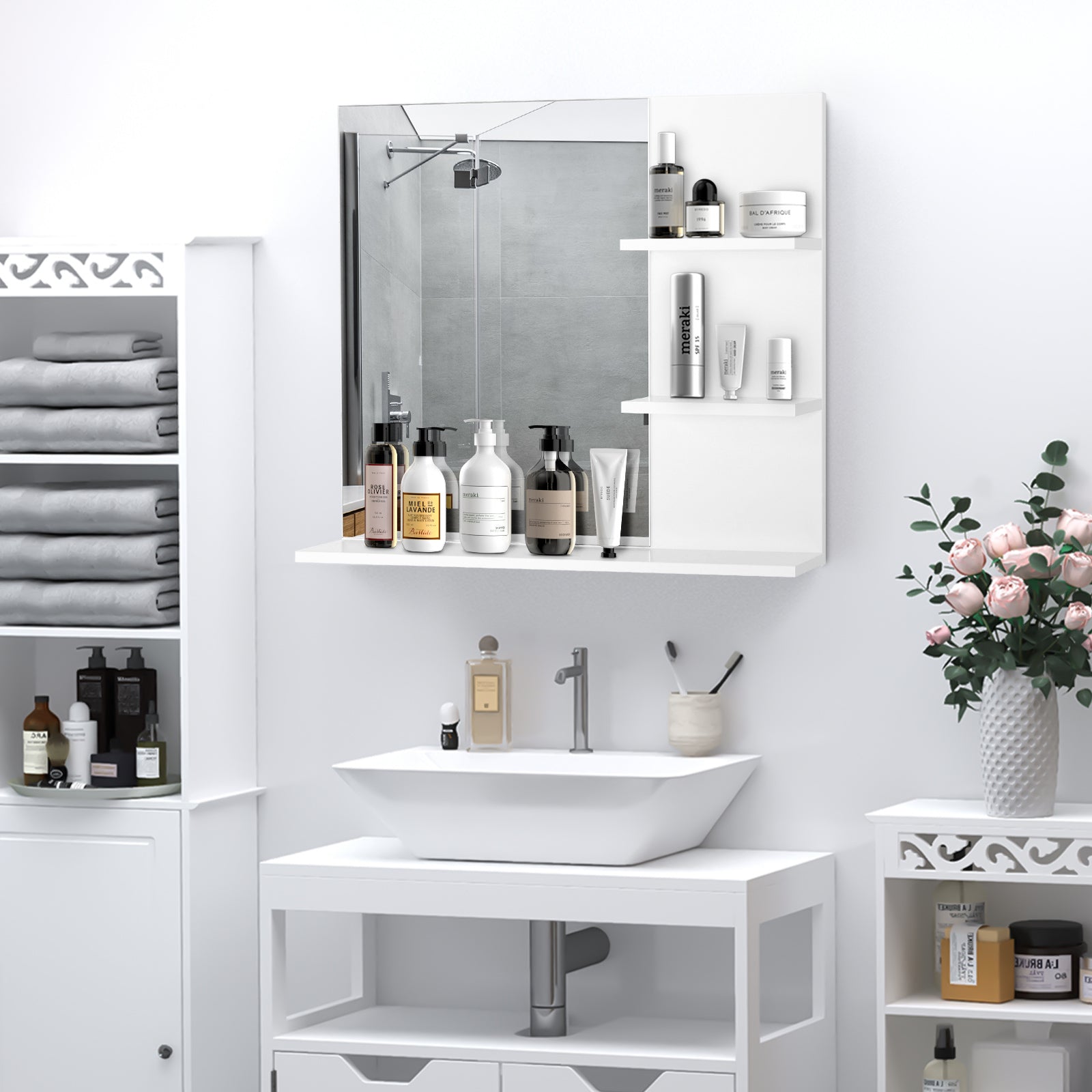 Bathroom Wall Mount Mirror with 3 Built-In Shelves 60x10x48 cm White