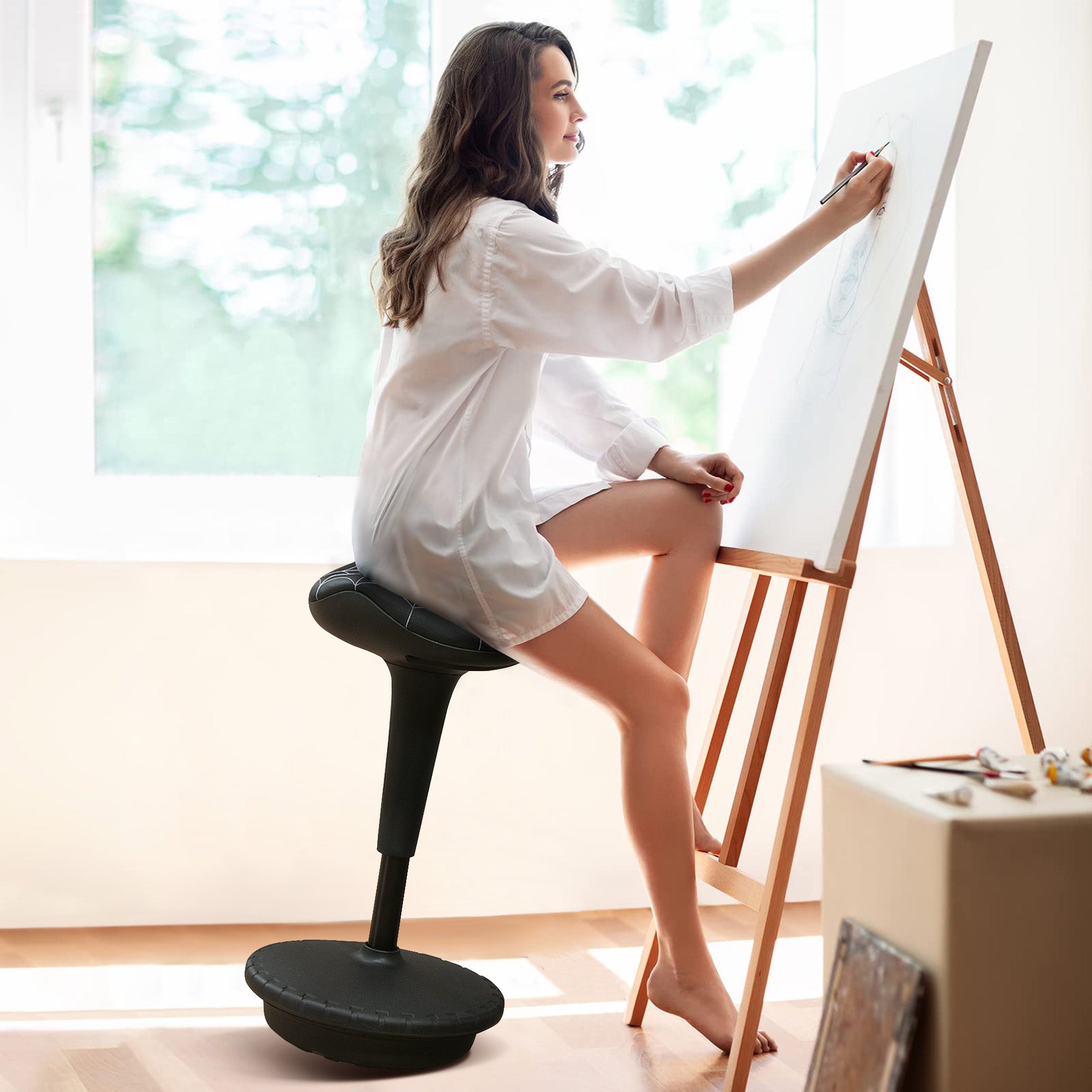 Ergonomic Swivel Saddle Stool — Height-Adjustable 25.8–32.9 in, 120° Tilt, Non-Slip Base, Black