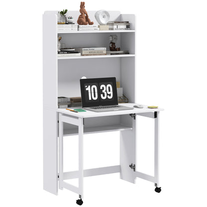 Computer Desk with Storage Shelves Folding Workstation with Drop Leaf and 2 Wheels for Bedroom Living Room and Home 80 x 69 x 153 cm White