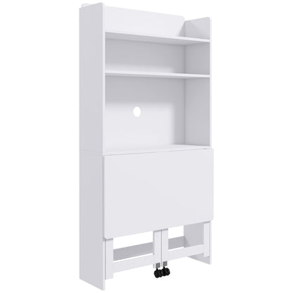 Computer Desk with Storage Shelves Folding Workstation with Drop Leaf and 2 Wheels for Bedroom Living Room and Home 80 x 69 x 153 cm White