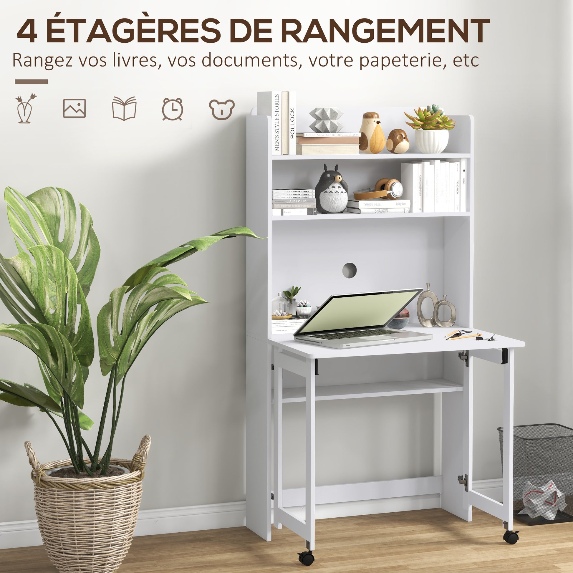 Computer Desk with Storage Shelves Folding Workstation with Drop Leaf and 2 Wheels for Bedroom Living Room and Home 80 x 69 x 153 cm White