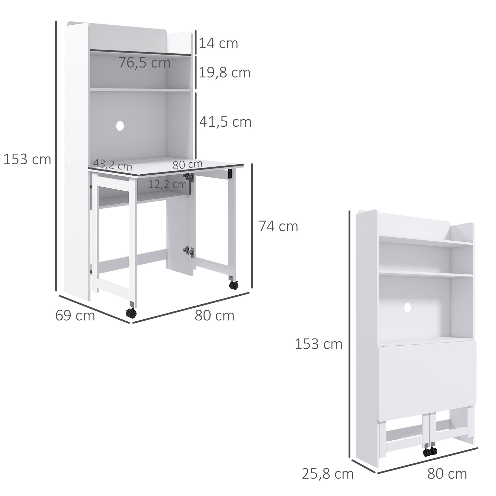 Computer Desk with Storage Shelves Folding Workstation with Drop Leaf and 2 Wheels for Bedroom Living Room and Home 80 x 69 x 153 cm White