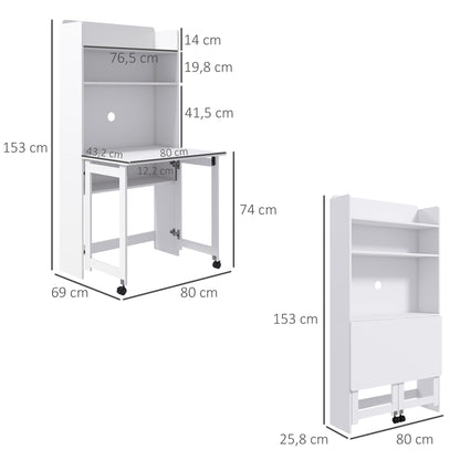 Computer Desk with Storage Shelves Folding Workstation with Drop Leaf and 2 Wheels for Bedroom Living Room and Home 80 x 69 x 153 cm White