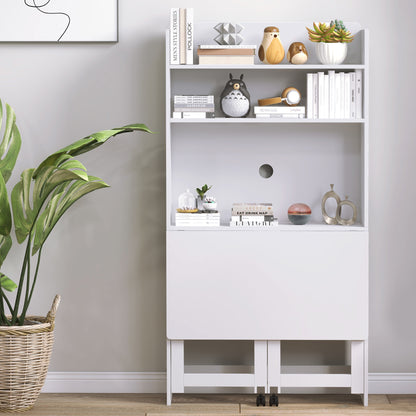 Computer Desk with Storage Shelves Folding Workstation with Drop Leaf and 2 Wheels for Bedroom Living Room and Home 80 x 69 x 153 cm White