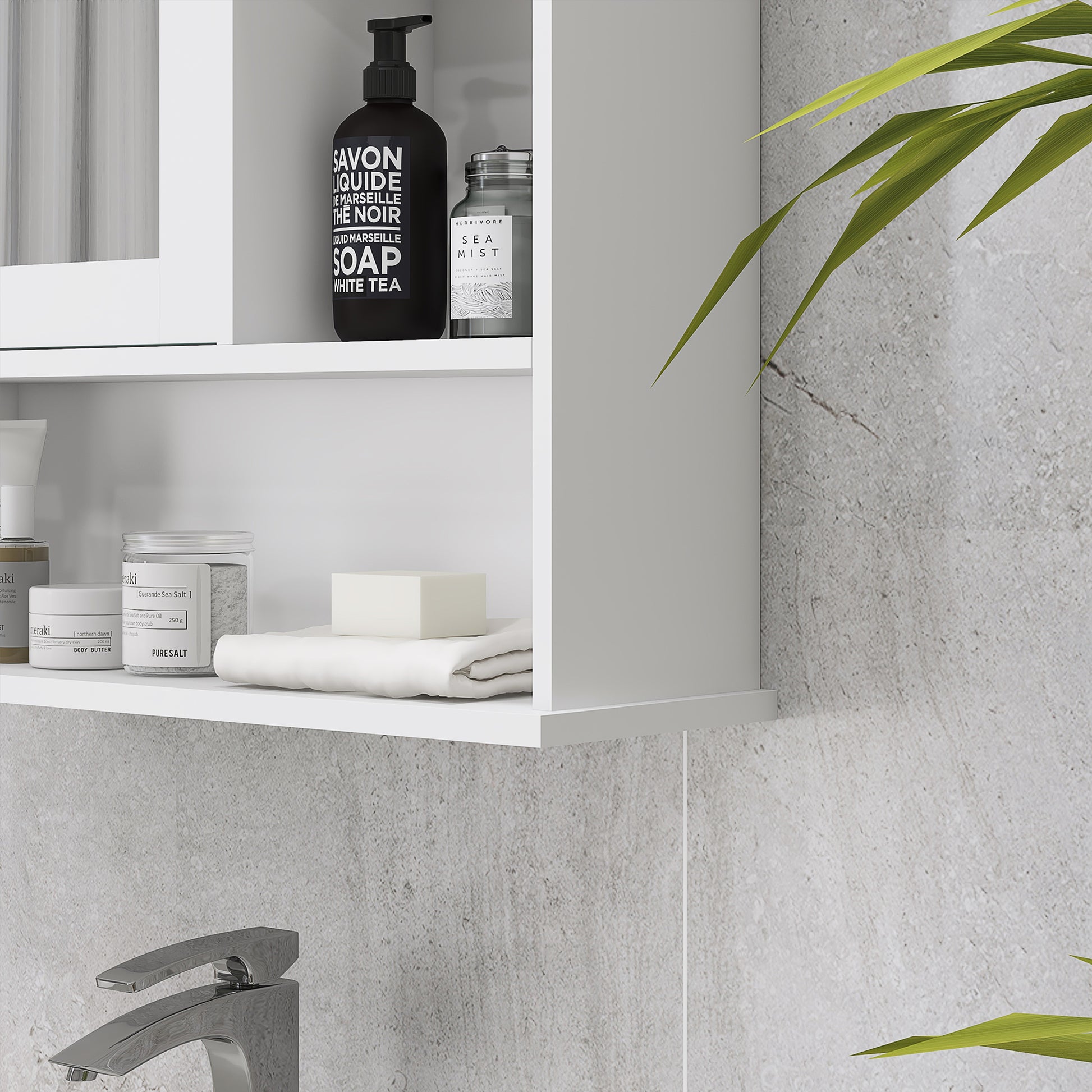 Bathroom Cabinet with Large Storage Mirror Wall Mounted Cabinet with Adjustable Interior Shelf and Open Shelves 60x18x63 cm White