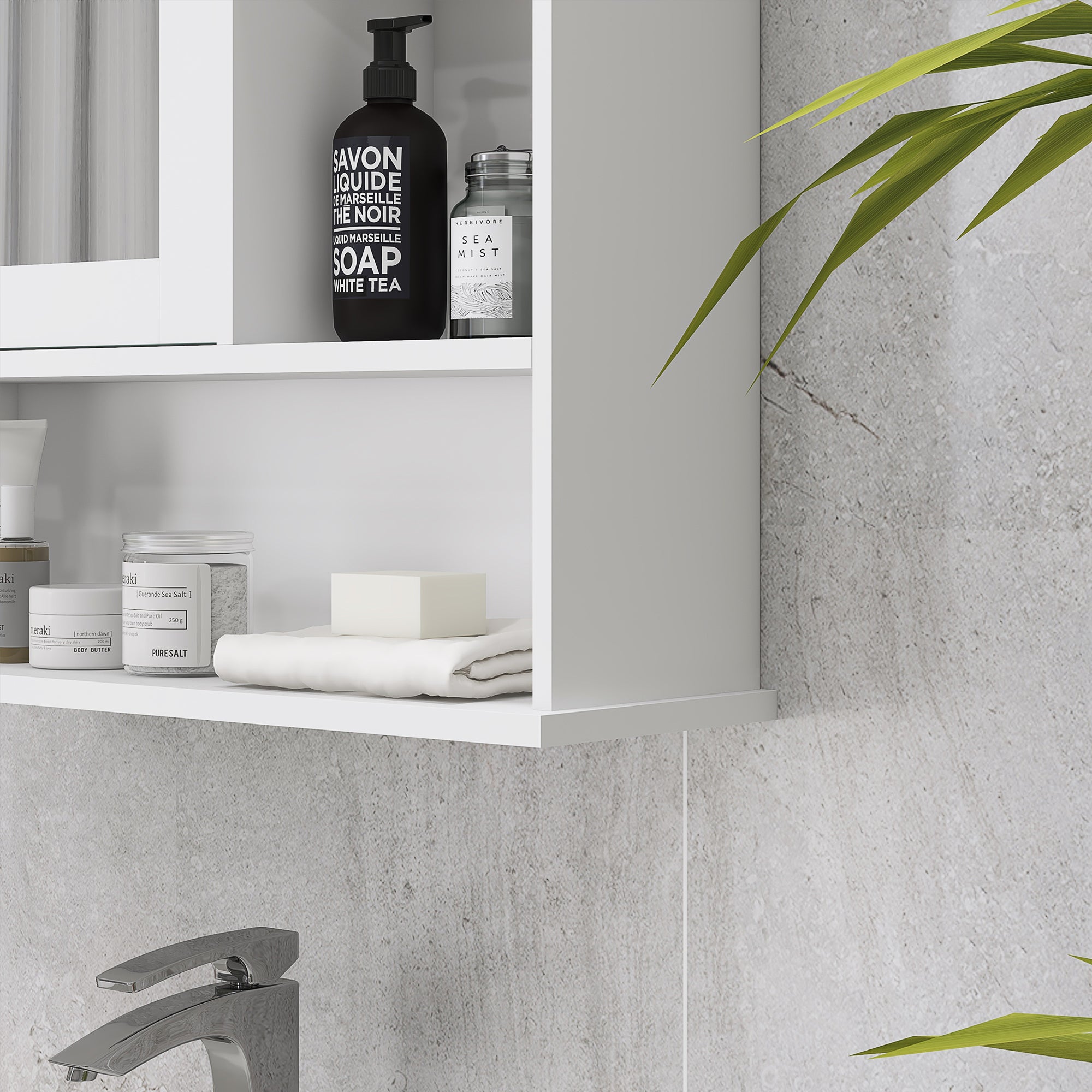 Bathroom Cabinet with Large Storage Mirror Wall Mounted Cabinet with Adjustable Interior Shelf and Open Shelves 60x18x63 cm White