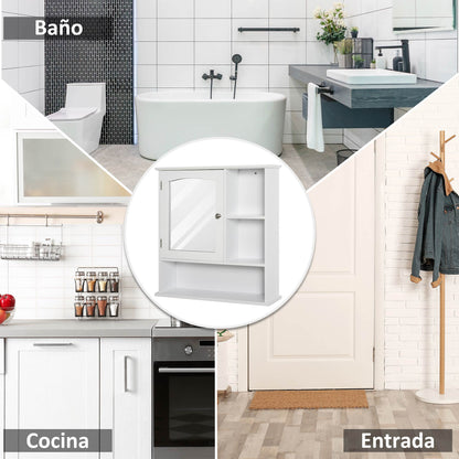 Bathroom Cabinet with Large Storage Mirror Wall Mounted Cabinet with Adjustable Interior Shelf and Open Shelves 60x18x63 cm White