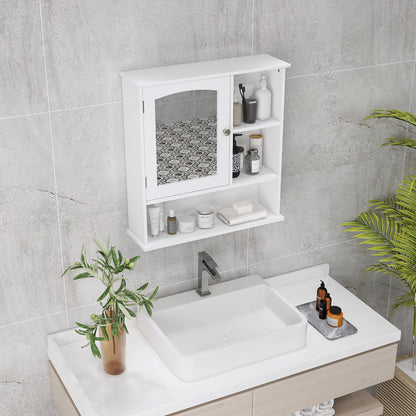 Bathroom Cabinet with Large Storage Mirror Wall Mounted Cabinet with Adjustable Interior Shelf and Open Shelves 60x18x63 cm White
