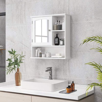 Bathroom Cabinet with Large Storage Mirror Wall Mounted Cabinet with Adjustable Interior Shelf and Open Shelves 60x18x63 cm White