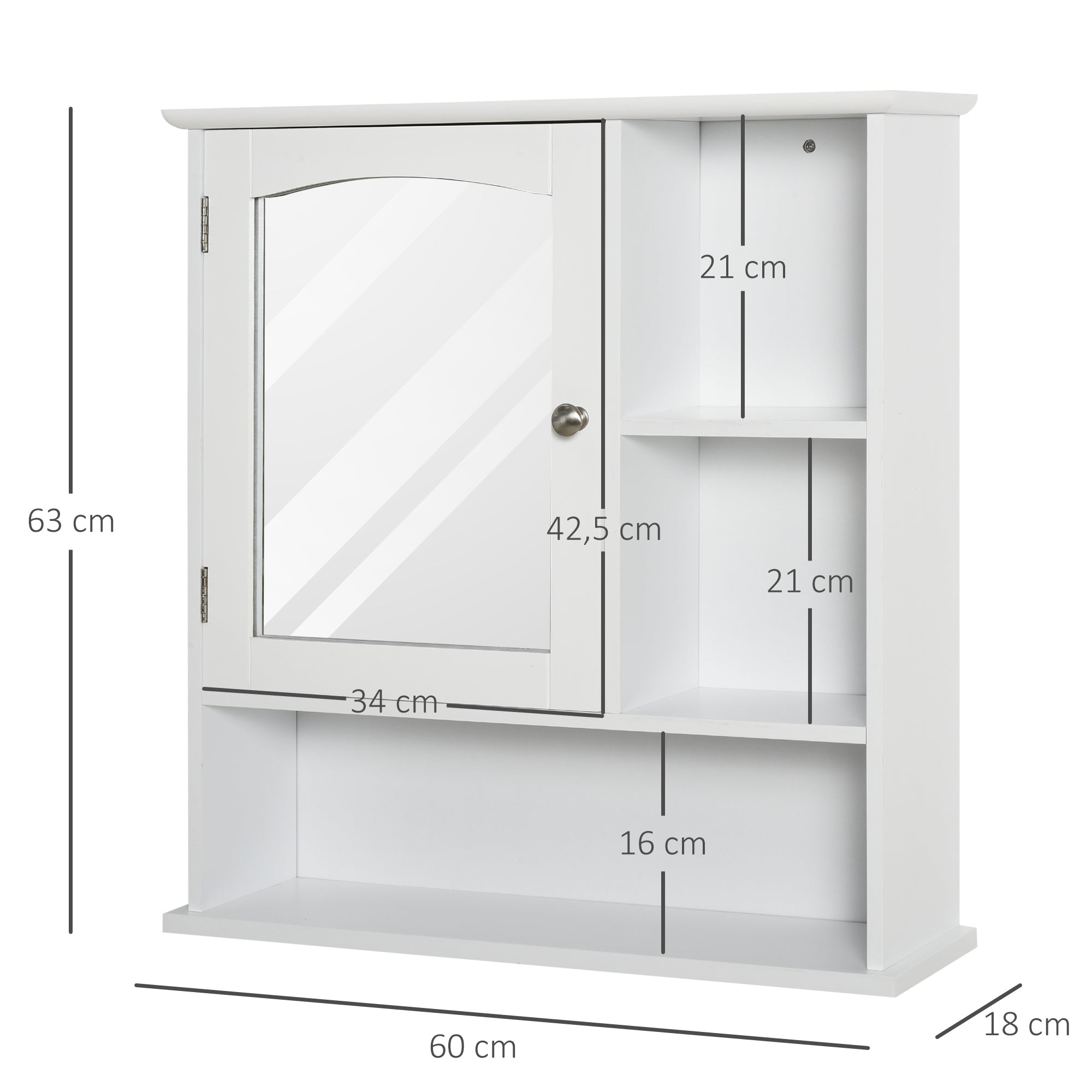 Bathroom Cabinet with Large Storage Mirror Wall Mounted Cabinet with Adjustable Interior Shelf and Open Shelves 60x18x63 cm White