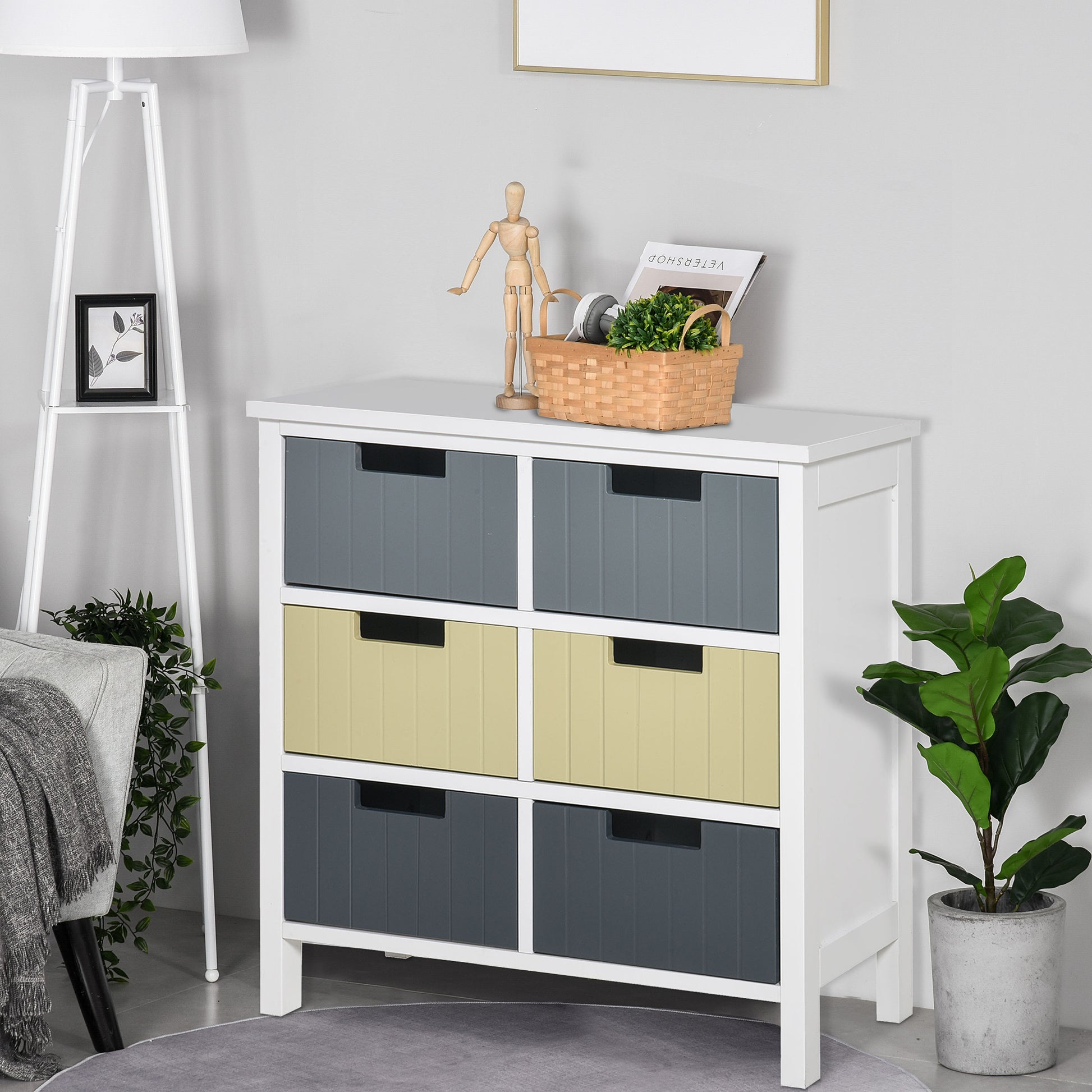 Wooden Chest of Drawers with 6 Drawers Storage Cabinet with Raised Legs Modern Style for Bedroom Living Room Bathroom 62x28x58 cm Multicolor
