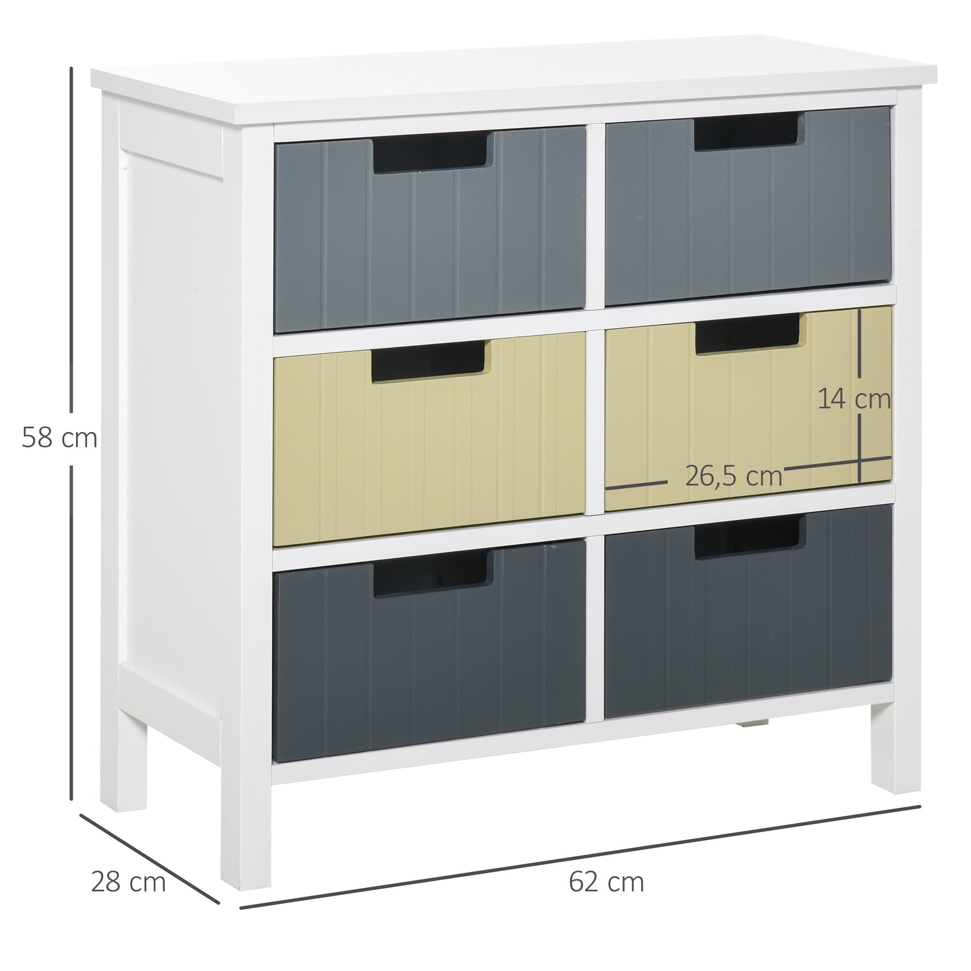 Wooden Chest of Drawers with 6 Drawers Storage Cabinet with Raised Legs Modern Style for Bedroom Living Room Bathroom 62x28x58 cm Multicolor