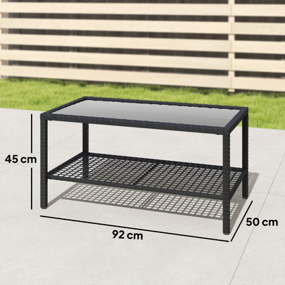 Rattan Garden Side Table with Shelf, Tempered Glass Top & Steel Frame — 92 x 50 x 45 cm (36.2 x 19.7 x 17.7 in), Black