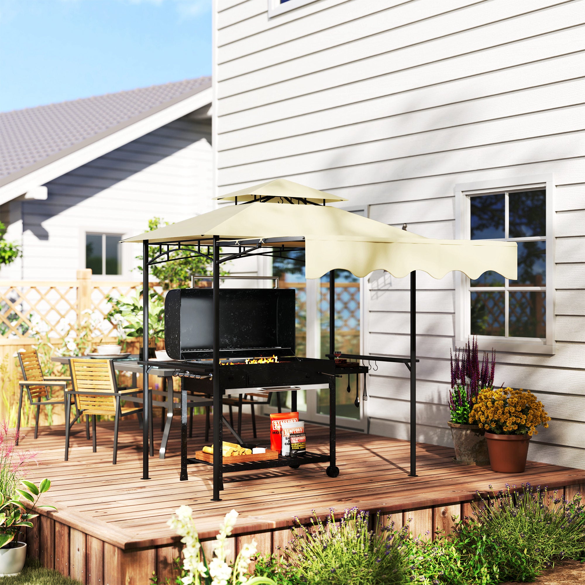 BBQ Gazebo Canopy — 7 ft 11 in x 4 ft 11 in x 8 ft 2 in, Fire-Resistant PA Roof, Double-Layer Top, Side Shelves, UV30+, Beige