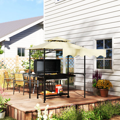 BBQ Gazebo Canopy — 7 ft 11 in x 4 ft 11 in x 8 ft 2 in, Fire-Resistant PA Roof, Double-Layer Top, Side Shelves, UV30+, Beige