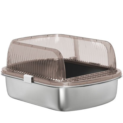 Extra Large Covered Cat Litter Box with Stainless Steel Tray High Sides Scoop and Odorless Sand Falling Area Easy Cleaning for Large Cats Charcoal Gray