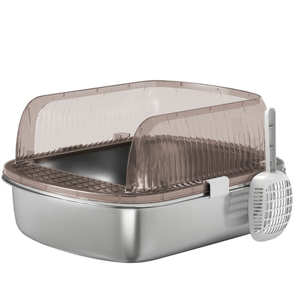 Extra Large Covered Cat Litter Box with Stainless Steel Tray High Sides Scoop and Odorless Sand Falling Area Easy Cleaning for Large Cats Charcoal Gray