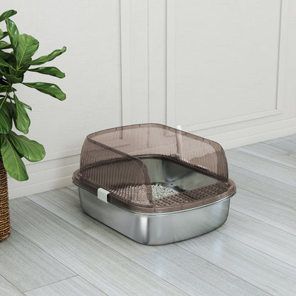 Extra Large Covered Cat Litter Box with Stainless Steel Tray High Sides Scoop and Odorless Sand Falling Area Easy Cleaning for Large Cats Charcoal Gray