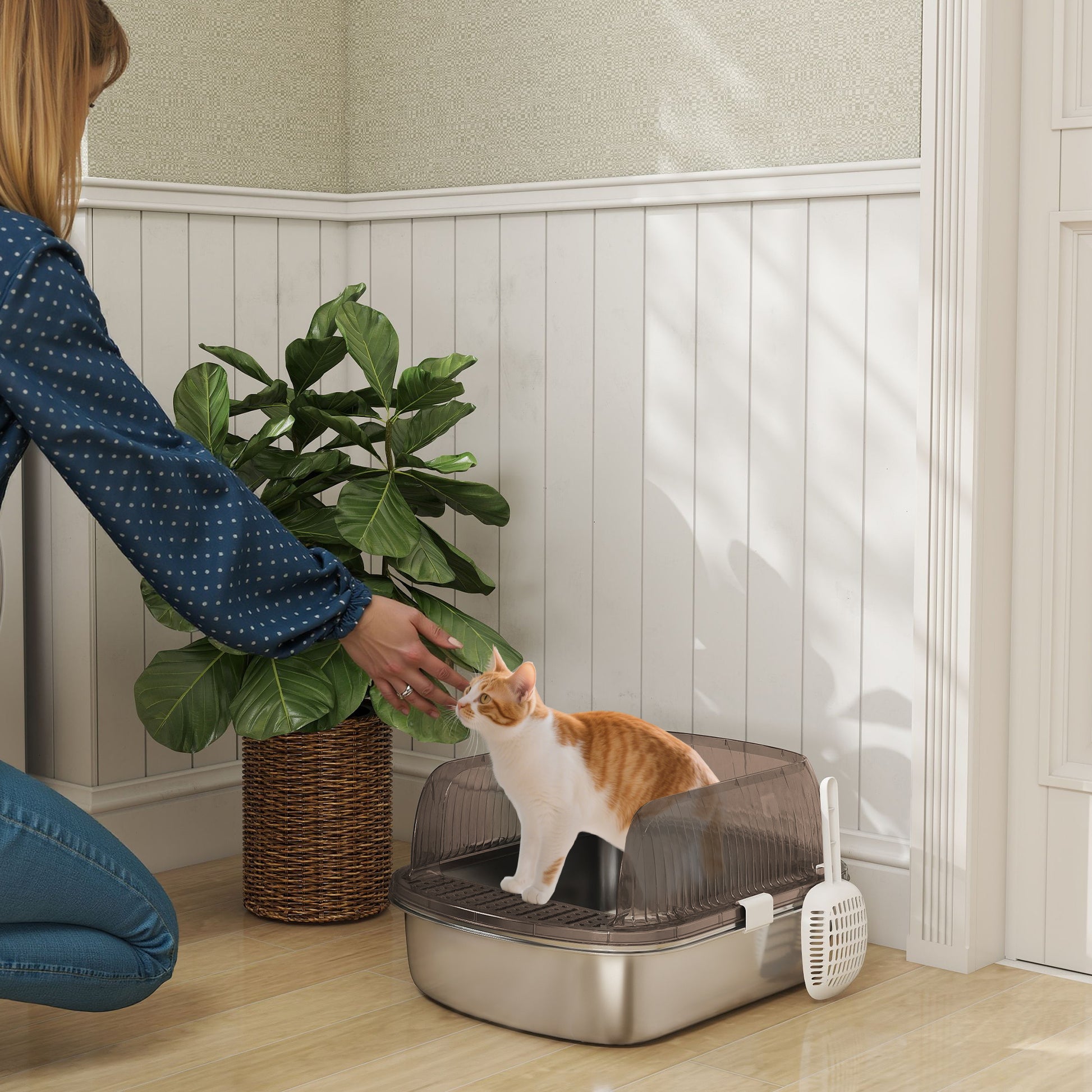 Extra Large Covered Cat Litter Box with Stainless Steel Tray High Sides Scoop and Odorless Sand Falling Area Easy Cleaning for Large Cats Charcoal Gray