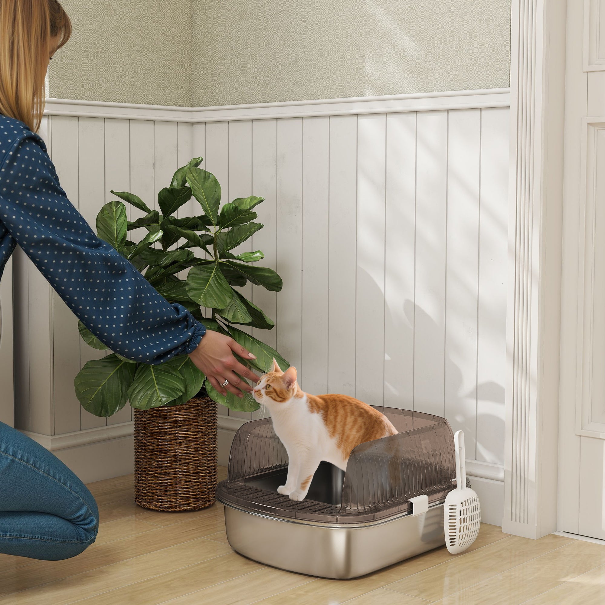 Extra Large Covered Cat Litter Box with Stainless Steel Tray High Sides Scoop and Odorless Sand Falling Area Easy Cleaning for Large Cats Charcoal Gray