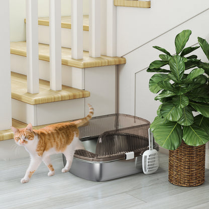 Extra Large Covered Cat Litter Box with Stainless Steel Tray High Sides Scoop and Odorless Sand Falling Area Easy Cleaning for Large Cats Charcoal Gray