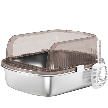 Extra Large Covered Cat Litter Box with Stainless Steel Tray High Sides Scoop and Odorless Sand Falling Area Easy Cleaning for Large Cats Charcoal Gray