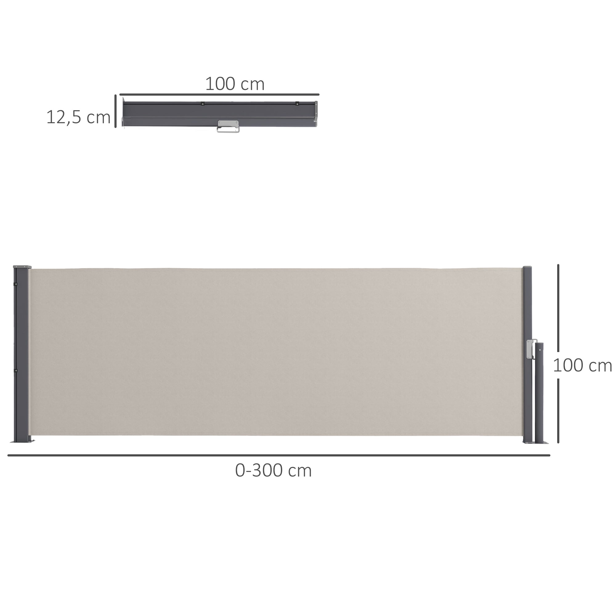 Retractable Side Awning Privacy Screen with Wall Mount Steel Box Waterproof Side Wall Awning Wind Protection Sun Protection 300 x 100cm for Balcony Terrace Garden Gray