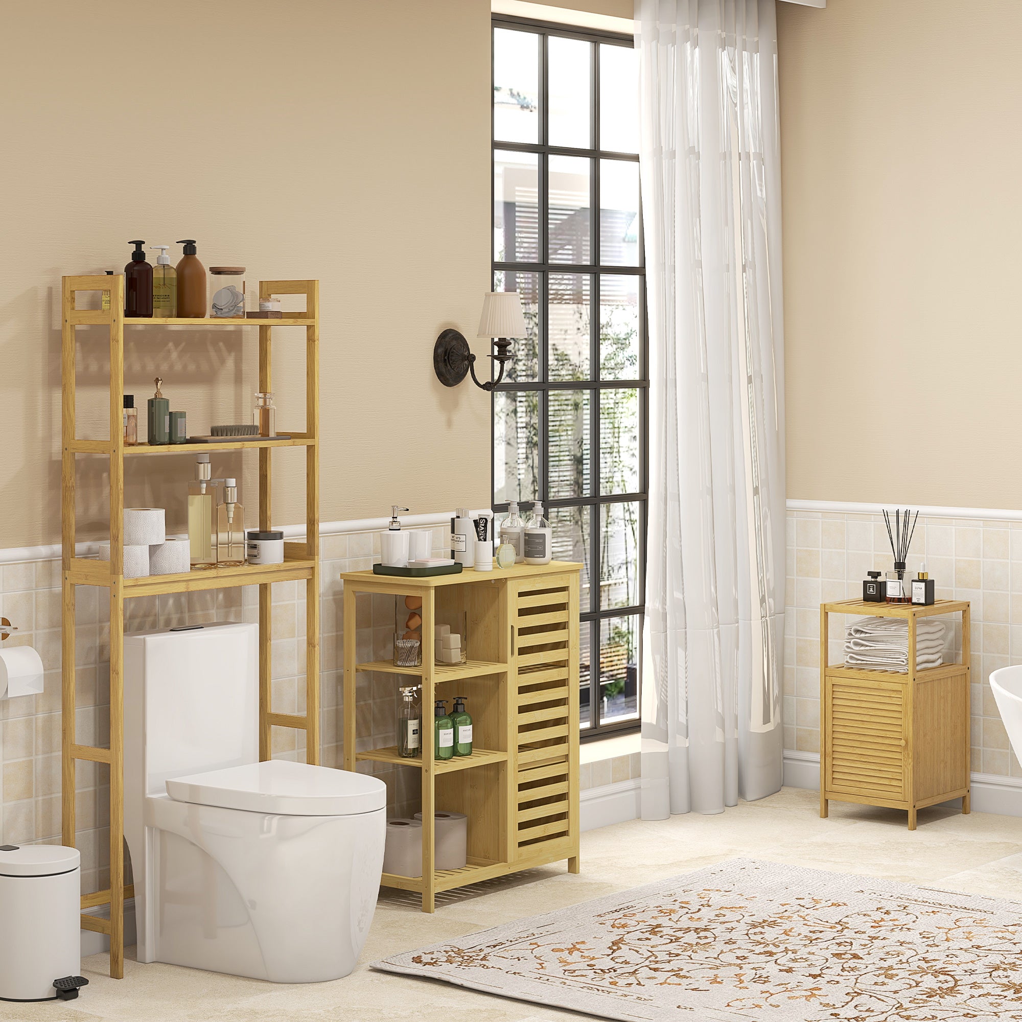 Bathroom Cabinet Bathroom Cabinet with Open Compartment, Side Cabinet with Anti-Tip Device, Storage Cabinet for Bathroom, Bamboo, Natural, 33 x 35.5 x 67 cm