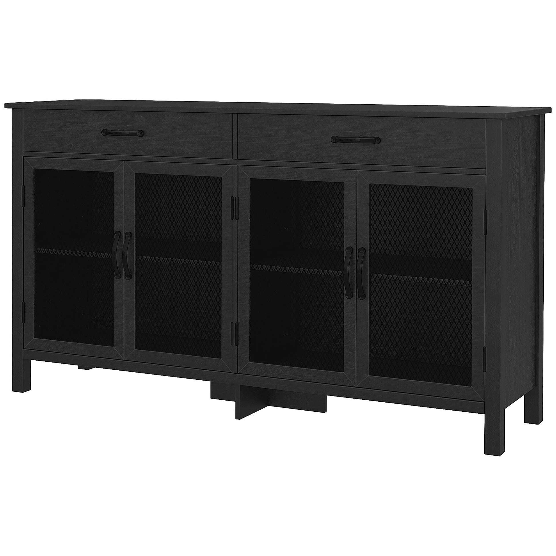 Low Storage Buffet Cabinet 4 Doors with Adjustable Shelves and 2 Drawers for Living Room Kitchen Dining Room - Industrial Style - 150 x 40 x 85 cm Black