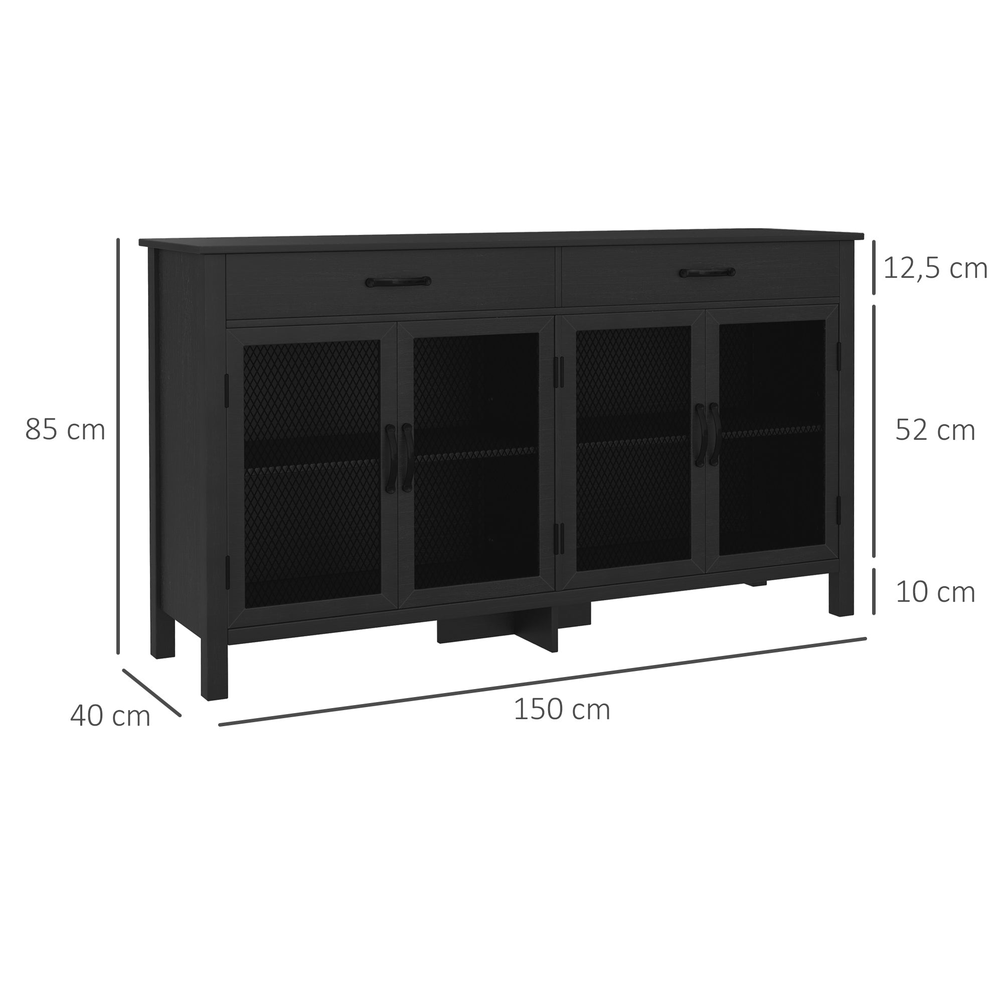 Low Storage Buffet Cabinet 4 Doors with Adjustable Shelves and 2 Drawers for Living Room Kitchen Dining Room - Industrial Style - 150 x 40 x 85 cm Black