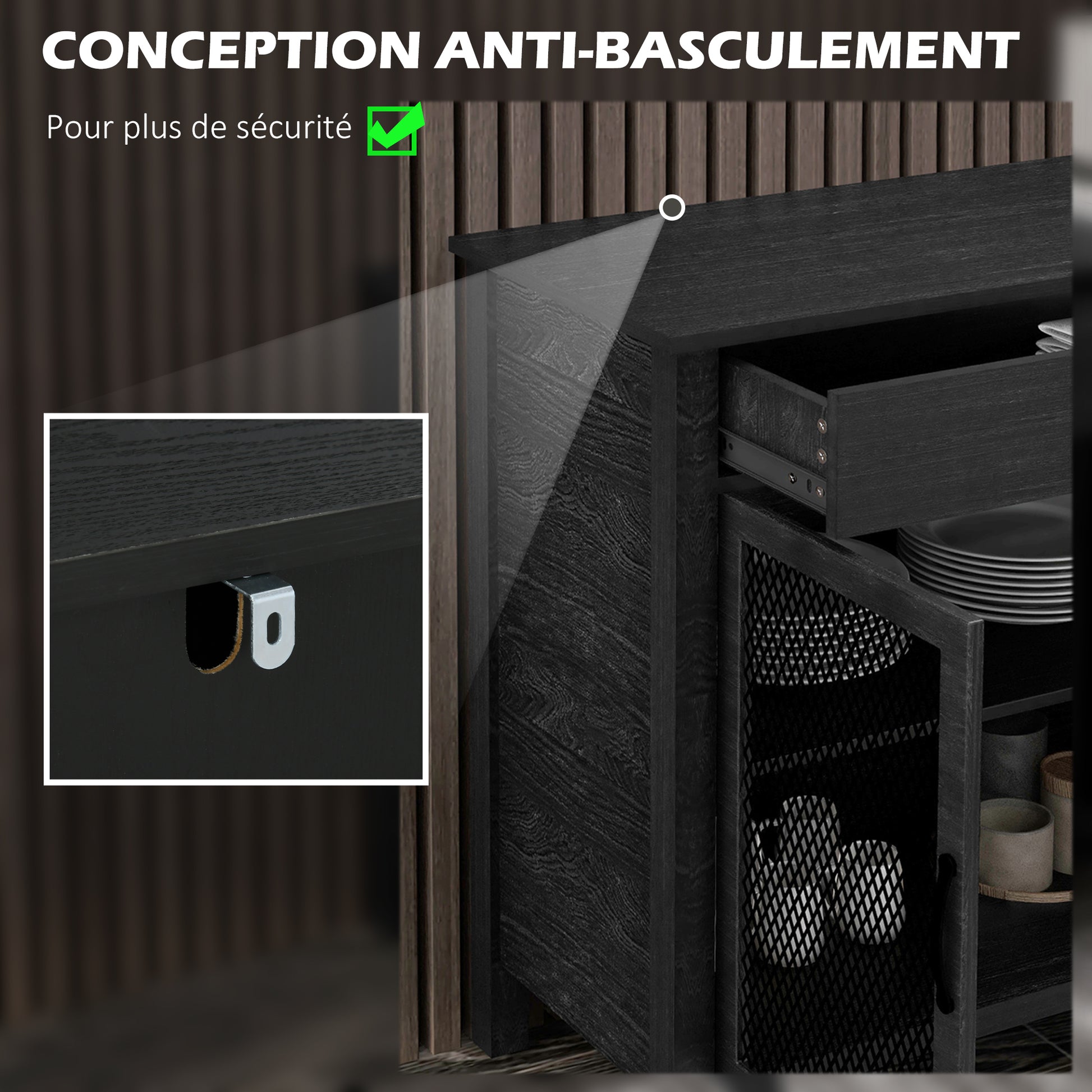 Low Storage Buffet Cabinet 4 Doors with Adjustable Shelves and 2 Drawers for Living Room Kitchen Dining Room - Industrial Style - 150 x 40 x 85 cm Black