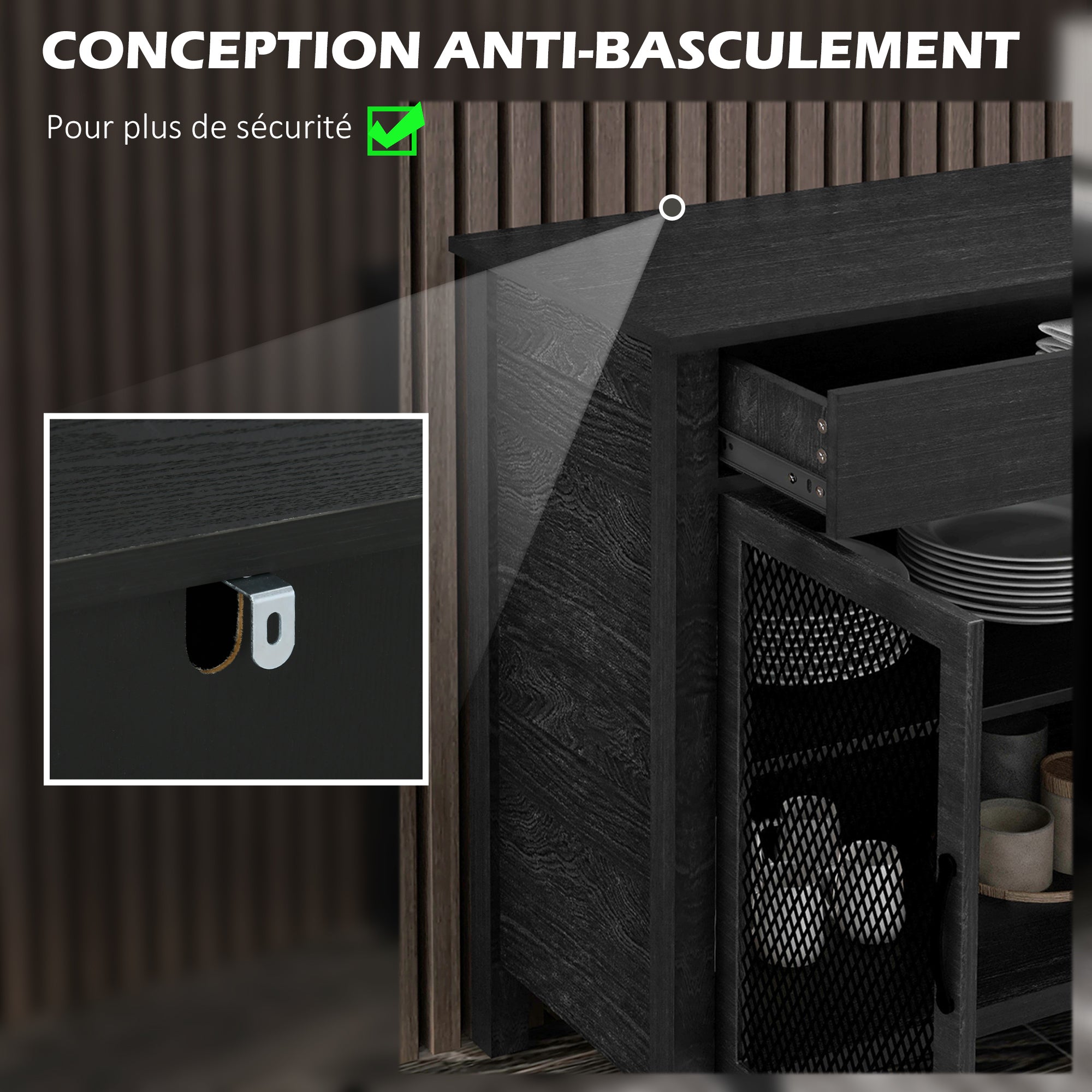 Low Storage Buffet Cabinet 4 Doors with Adjustable Shelves and 2 Drawers for Living Room Kitchen Dining Room - Industrial Style - 150 x 40 x 85 cm Black
