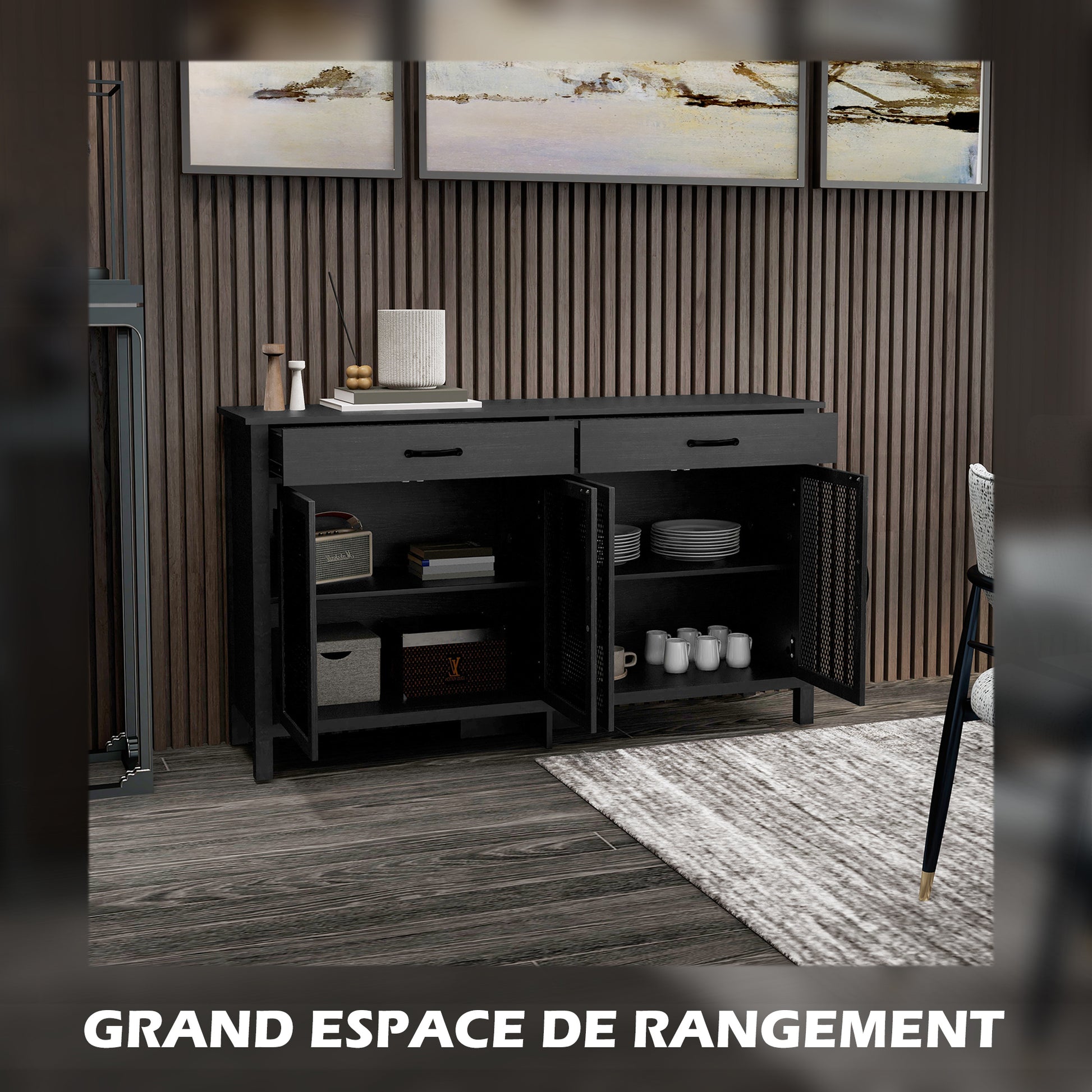Low Storage Buffet Cabinet 4 Doors with Adjustable Shelves and 2 Drawers for Living Room Kitchen Dining Room - Industrial Style - 150 x 40 x 85 cm Black