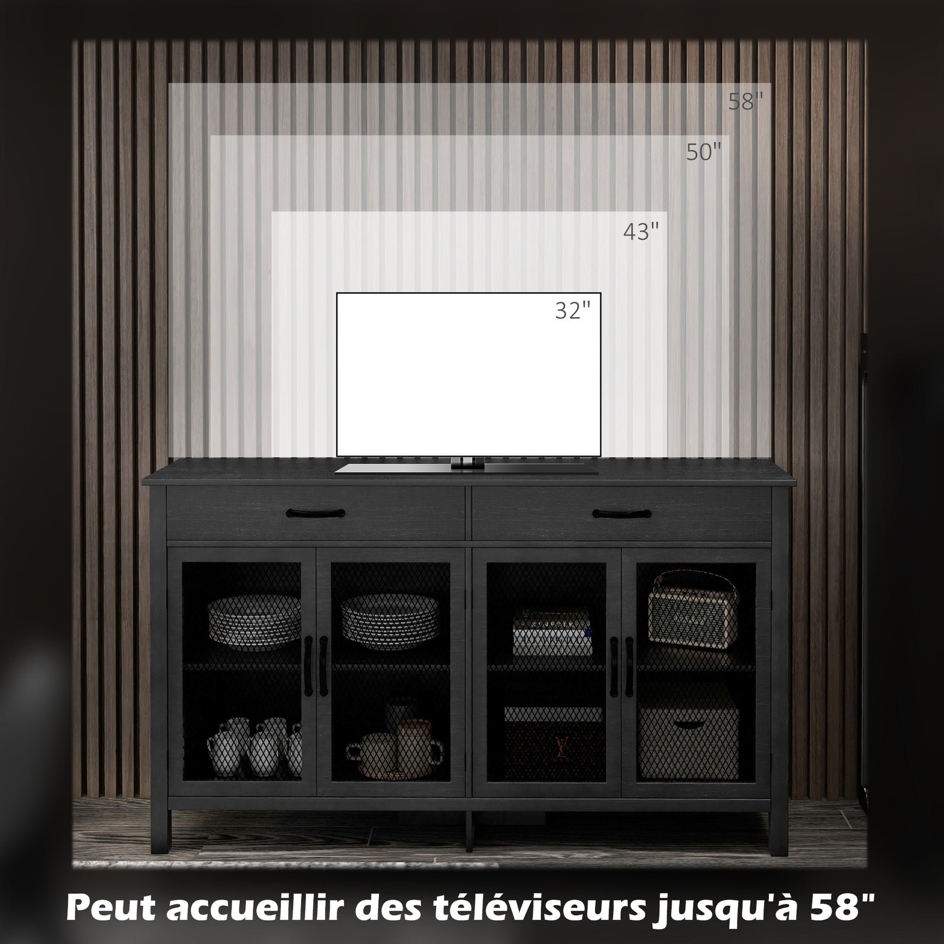 Low Storage Buffet Cabinet 4 Doors with Adjustable Shelves and 2 Drawers for Living Room Kitchen Dining Room - Industrial Style - 150 x 40 x 85 cm Black