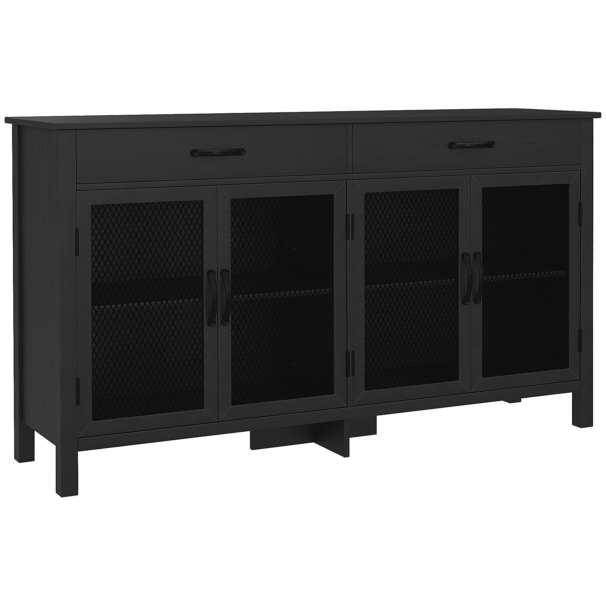 Low Storage Buffet Cabinet 4 Doors with Adjustable Shelves and 2 Drawers for Living Room Kitchen Dining Room - Industrial Style - 150 x 40 x 85 cm Black