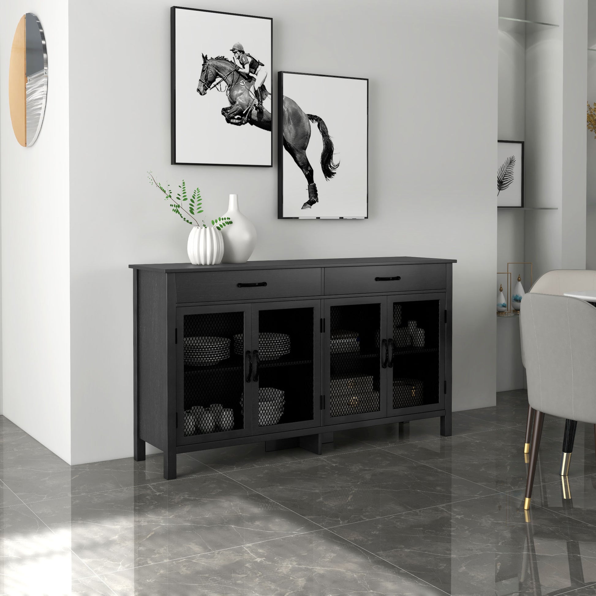 Low Storage Buffet Cabinet 4 Doors with Adjustable Shelves and 2 Drawers for Living Room Kitchen Dining Room - Industrial Style - 150 x 40 x 85 cm Black